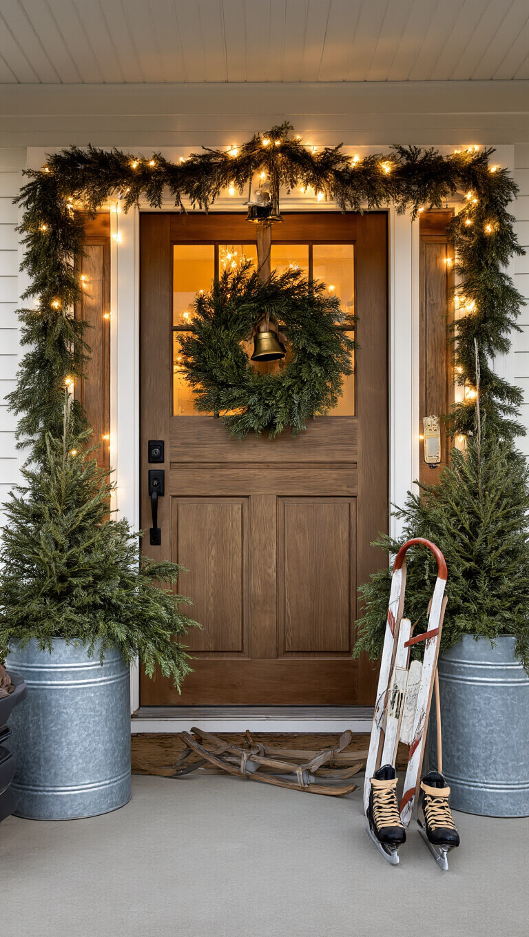 Symmetrical garage with carriage doors adorned with pine wreaths and brass bells, flanked by metal containers of winter greenery, vintage sled, ice skates, and warm white string lights in soft morning light.