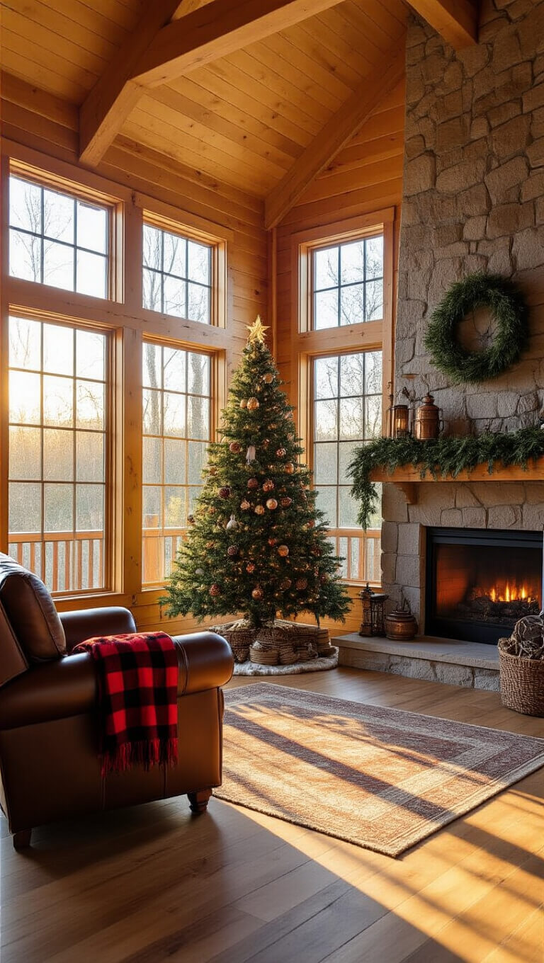 Cozy cabin living room at golden hour with sunlight streaming through west-facing windows, highlighting a woodland-themed Christmas tree, leather armchair, and stone fireplace adorned with garland and lanterns.