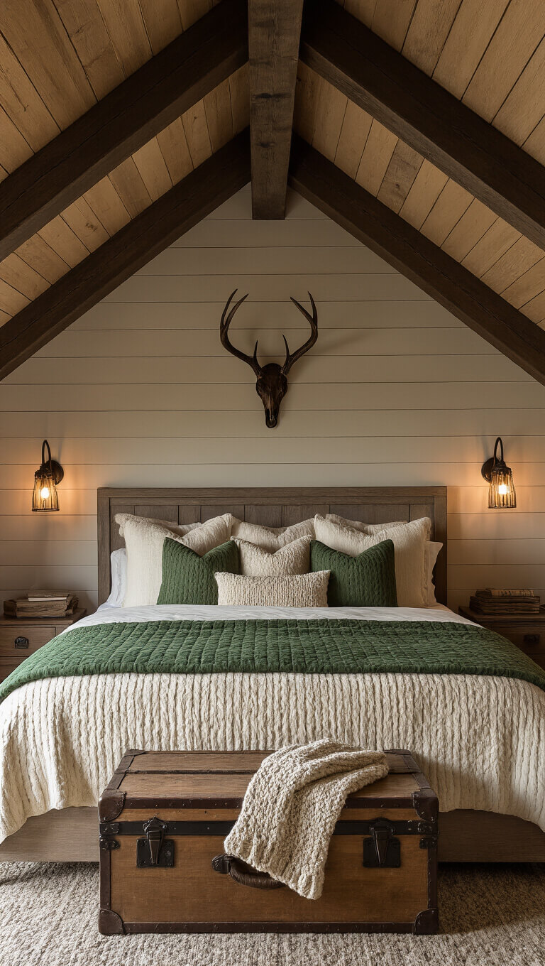 Cozy 12x14ft cabin bedroom at dusk with vaulted ceiling, exposed dark beams, king bed with layered cream and green bedding, antler sconces, vintage trunk with stockings, and warm ambient lighting.
