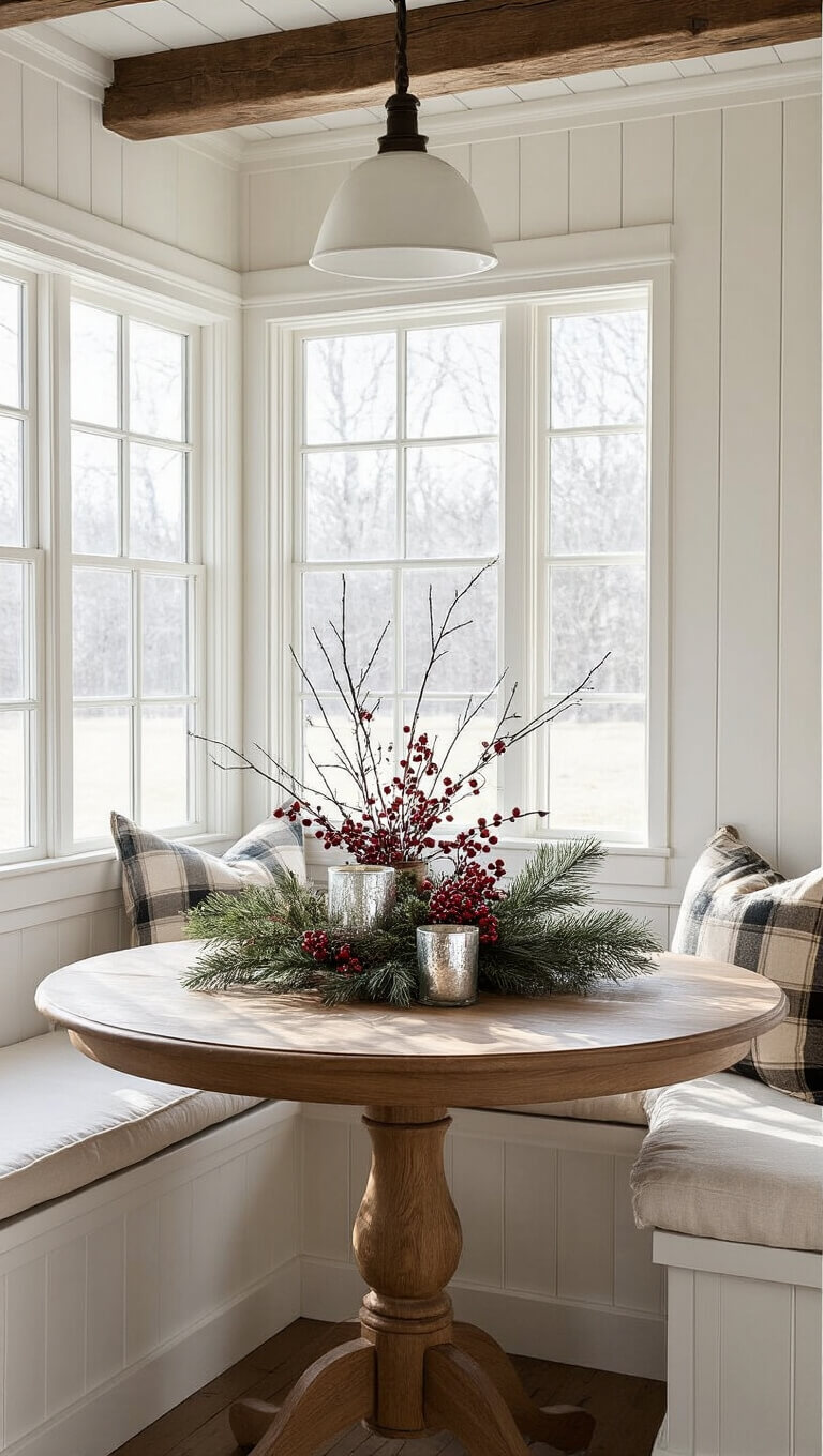 Farmhouse kitchen nook with round oak table, woodland centerpiece, and window seat under frosty morning light.