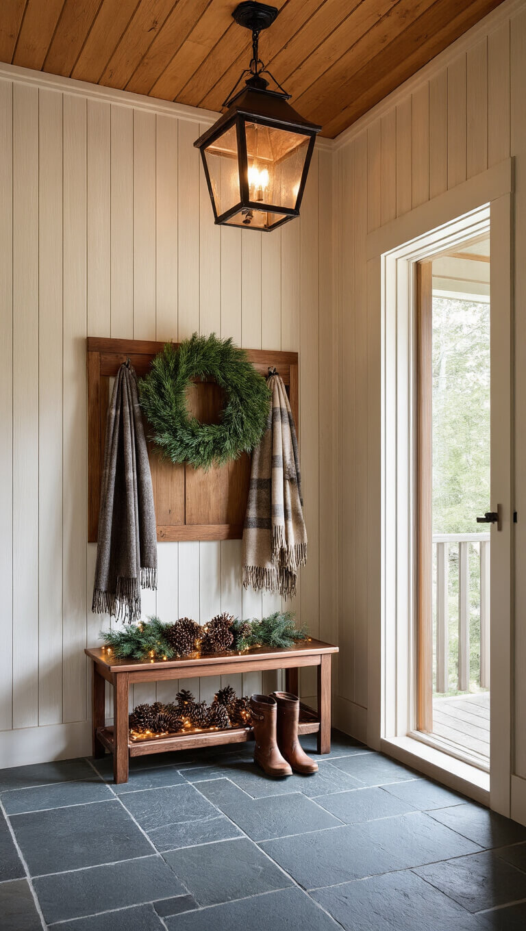Cozy cabin entryway with slate floor, vertical cedar walls, vintage coat rack holding wool scarves and evergreen wreath, and copper boot tray filled with pinecones and twinkle lights under a warm lantern glow.