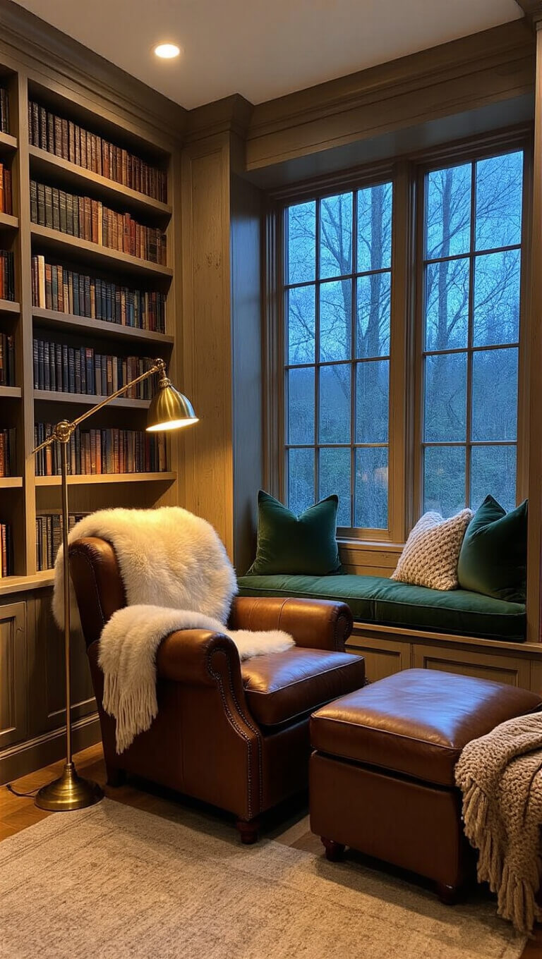 Cozy 8x8ft reading nook with weathered oak bookshelves, leather chair with sheepskin, brass floor lamp, and a twilight-lit window seat with green cushions and throws.
