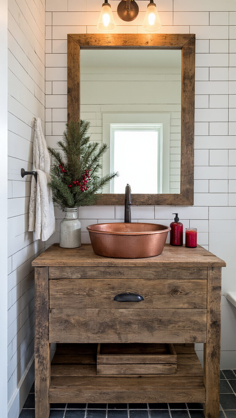 Modern rustic bathroom with reclaimed wood vanity, copper vessel sink, large distressed wood mirror, white subway tiles, pine branches, and cranberry candles in morning light.