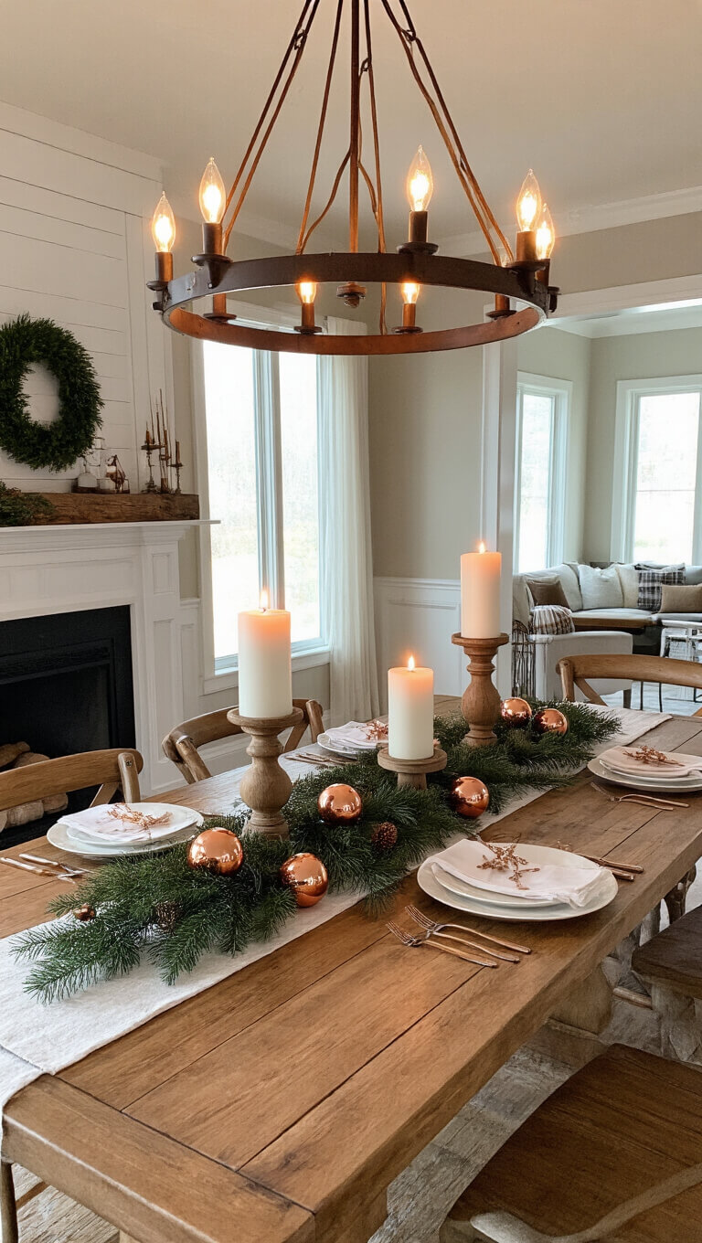 Rustic holiday dining table set for dinner with candles, pine garland, and copper accents under iron chandelier in warm evening light.