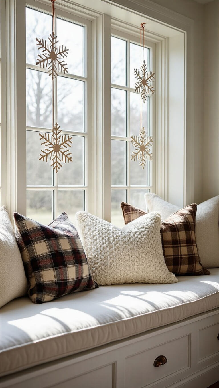 Cozy window seat with cream bouclé cushion, plaid and cable knit pillows, handmade paper snowflakes hanging from copper wire, bathed in afternoon light with dramatic shadows.