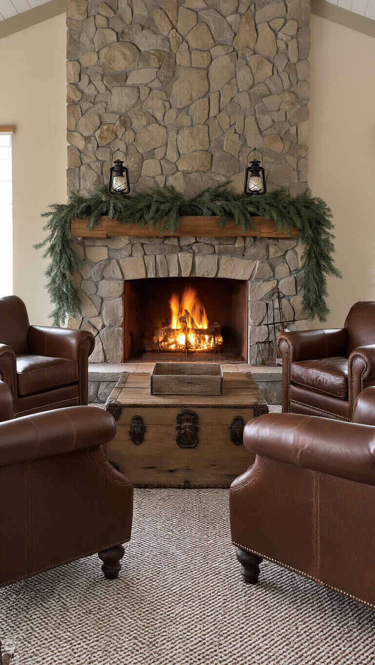 Evening fireside seating with two leather club chairs facing a stone fireplace, rustic trunk coffee table between them, pine garland and vintage lanterns on wooden mantel, warm firelight illuminating cozy 12x14ft room.