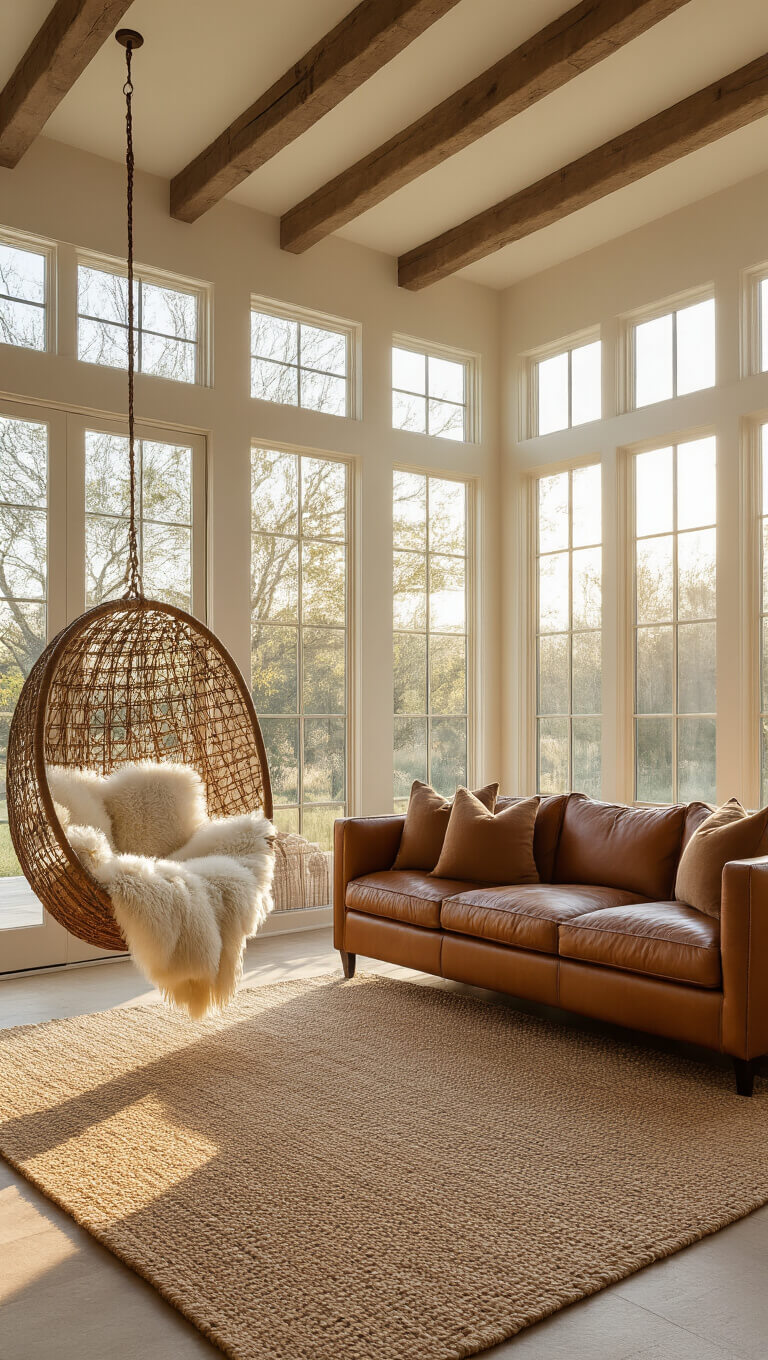 Sunlit living room with high ceilings, exposed wooden beams, rattan hanging chair, vintage leather sofa, and earth-toned decor at golden hour.