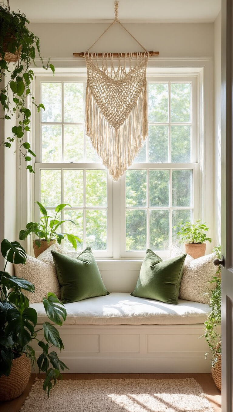 Cozy 12x12 ft reading nook with bay window seat, cream cushions, sage green pillows, macrame wall hanging, and lush indoor plants in soft morning light.