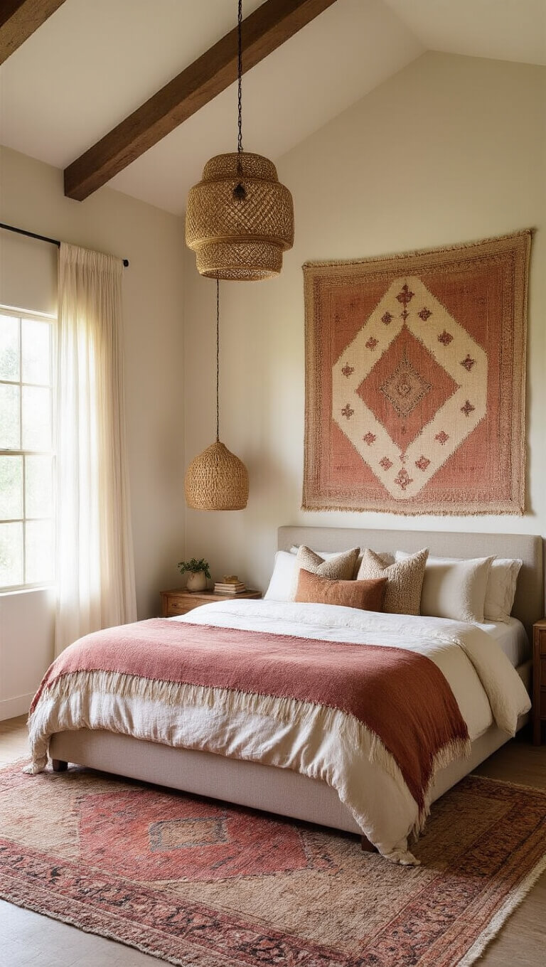 Cozy 14x16ft bedroom with vaulted ceiling, king bed against ivory textured wall, large terracotta and blush tapestry, Moroccan rugs, rattan pendant light casting shadows, golden hour light through sheer linen curtains.