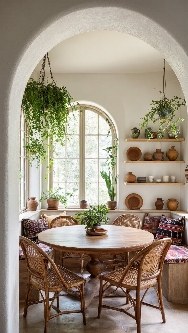 Bohemian dining room with round wooden table, vintage cane chairs, window bench with mud cloth cushions, hanging plants, and ceramics on floating shelves, lit by afternoon sun.