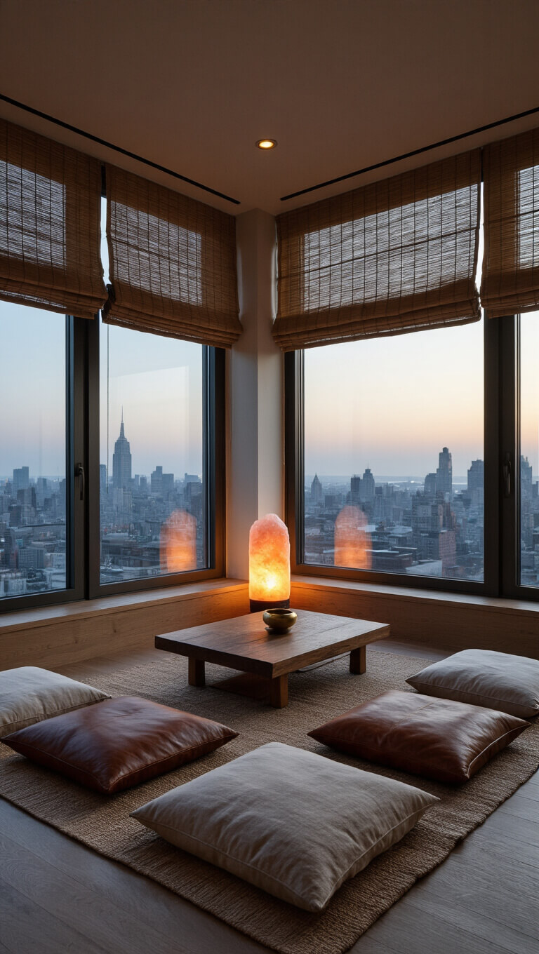 Top-down view of a cozy meditation corner in a 10x10ft room with floor-to-ceiling windows, soft dusk lighting, layered silk and leather cushions, a low wooden table, brass incense holder, and a glowing Himalayan salt lamp.