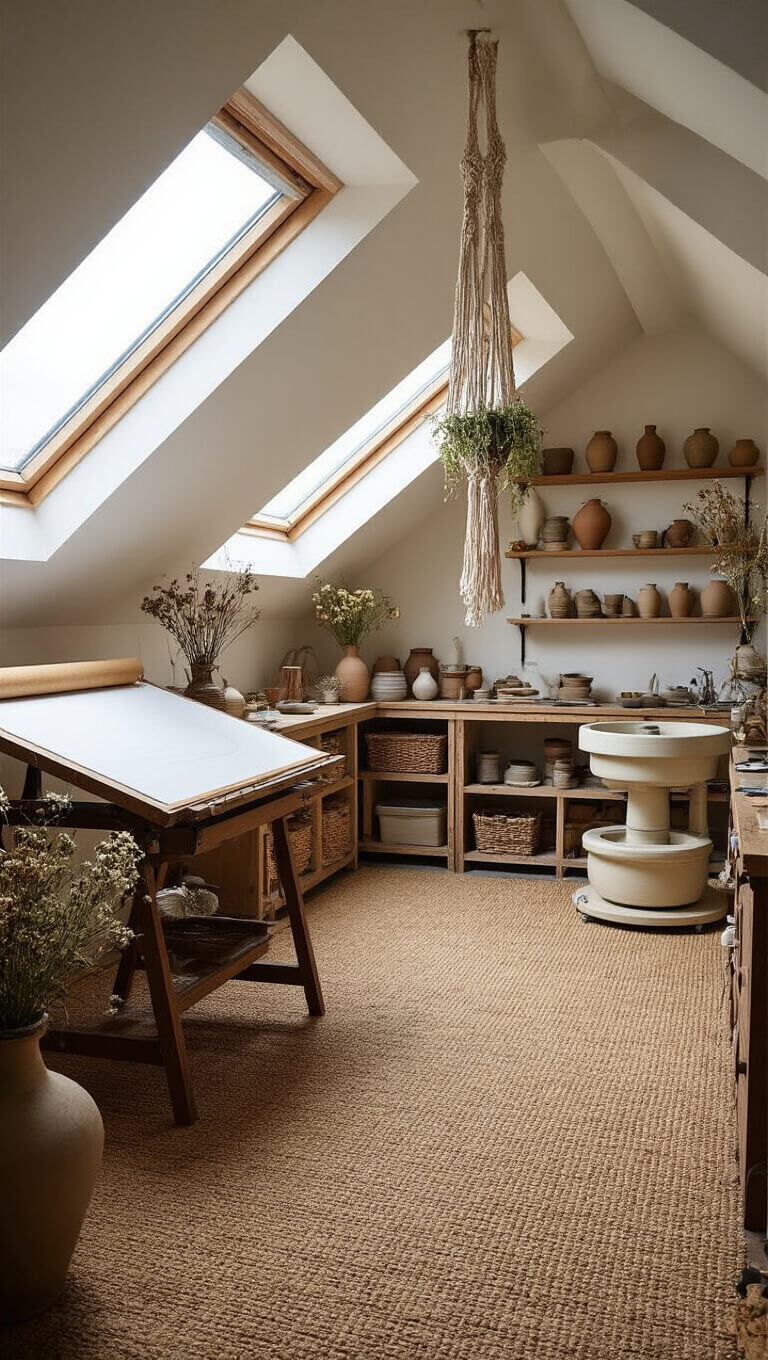 Artist's attic studio with skylights, vintage drafting table, pottery wheel, ceramic displays, and natural light illuminating textured decor.