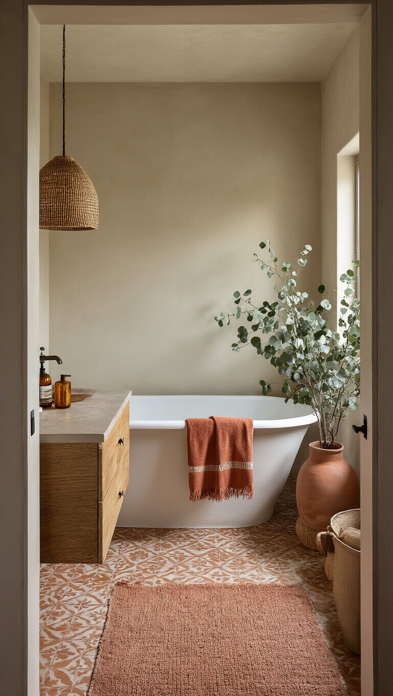 Cozy 8x12ft bathroom with clawfoot tub, earth-tone cement tiles, floating wooden vanity, woven pendant light, terracotta and cream Turkish towels, potted eucalyptus, and amber glass accessories, softly lit at dawn.