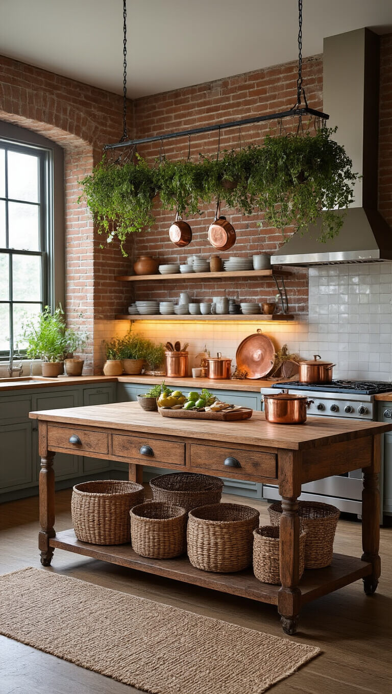 Cozy kitchen with exposed brick wall, vintage wooden island, copper cookware, open shelves with handmade pottery, jute runner, hanging herbs, and warm undercounter lighting during blue hour.