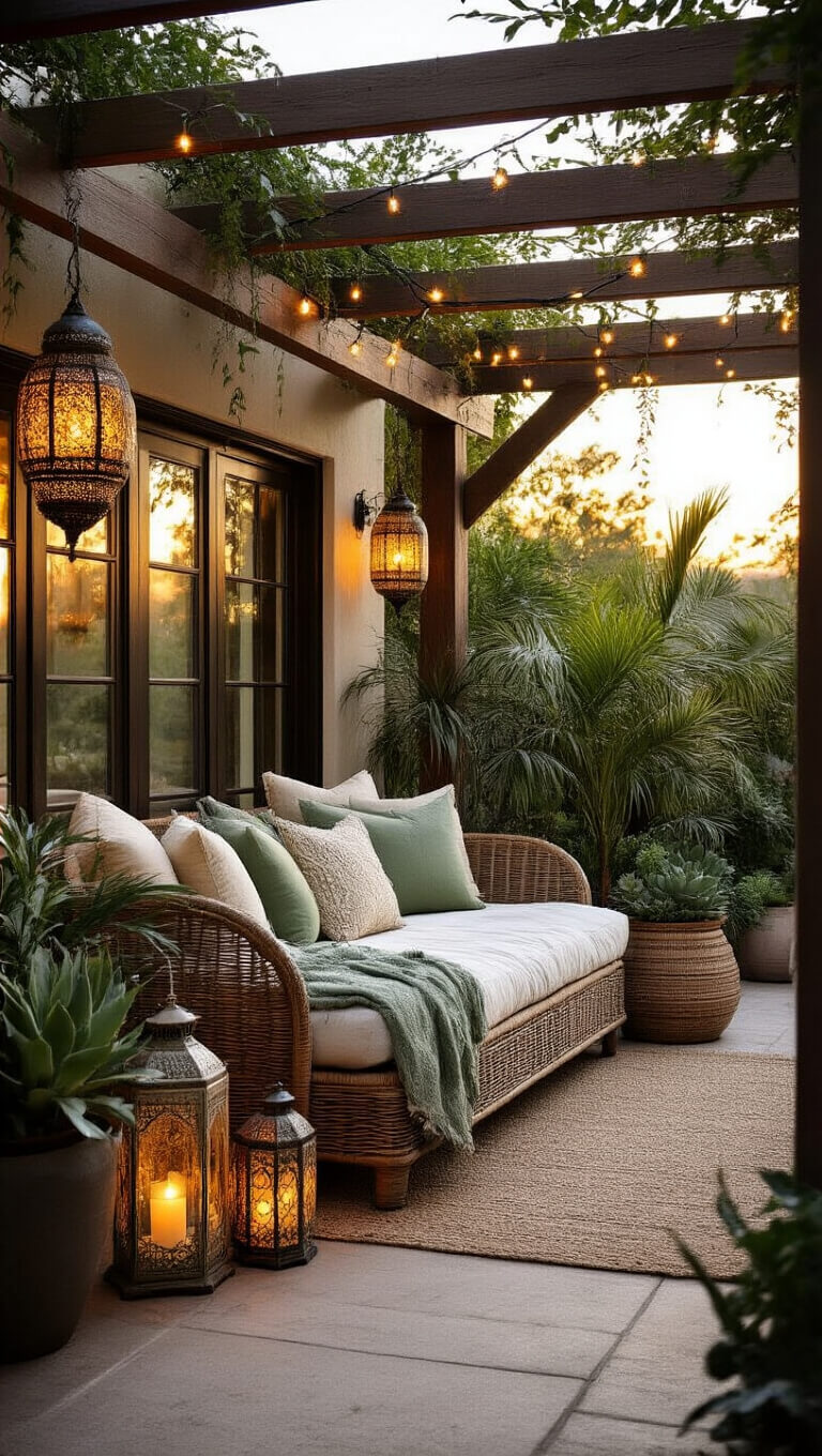 Covered 12x20ft patio with wooden pergola, rattan daybed with sage and cream cushions, Moroccan lanterns, potted palms and succulents at sunset with twinkling fairy lights.