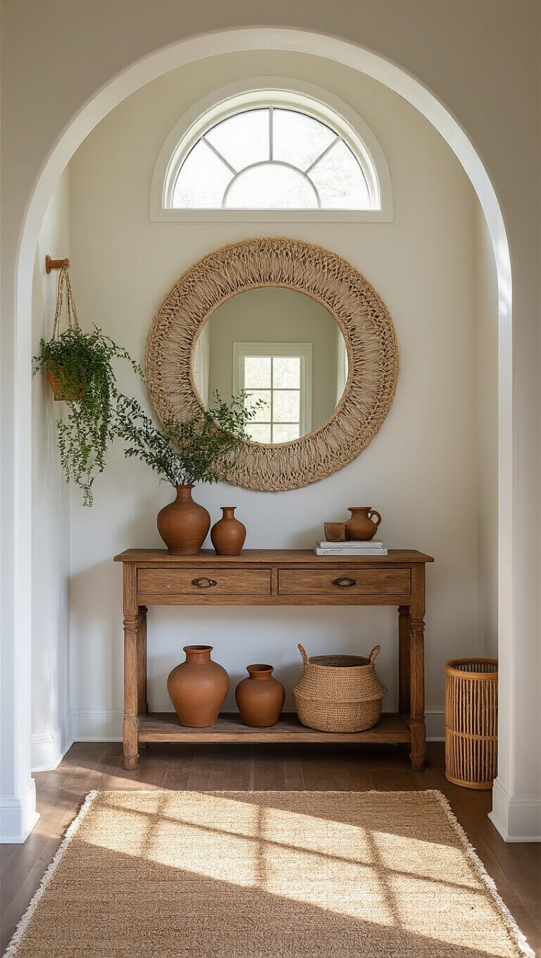 Entry foyer with vintage wooden console, round mirror with macrame, ceramic vessels, handwoven runner, wall-mounted plants, and rattan umbrella stand lit by morning sunlight.