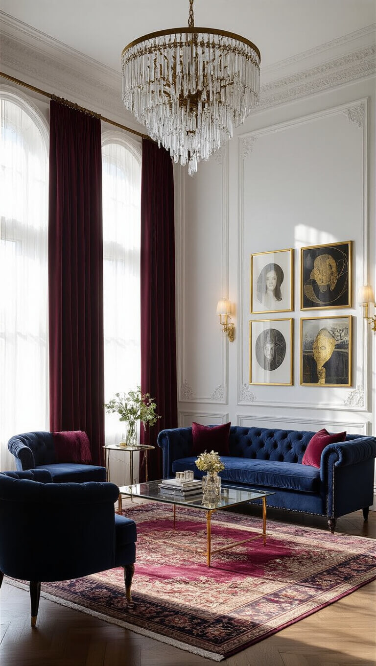 Living room with 14-foot ceilings at golden hour, featuring a blue Chesterfield sofa, burgundy velvet drapes, gold-framed modern art, and a crystal chandelier casting soft light.