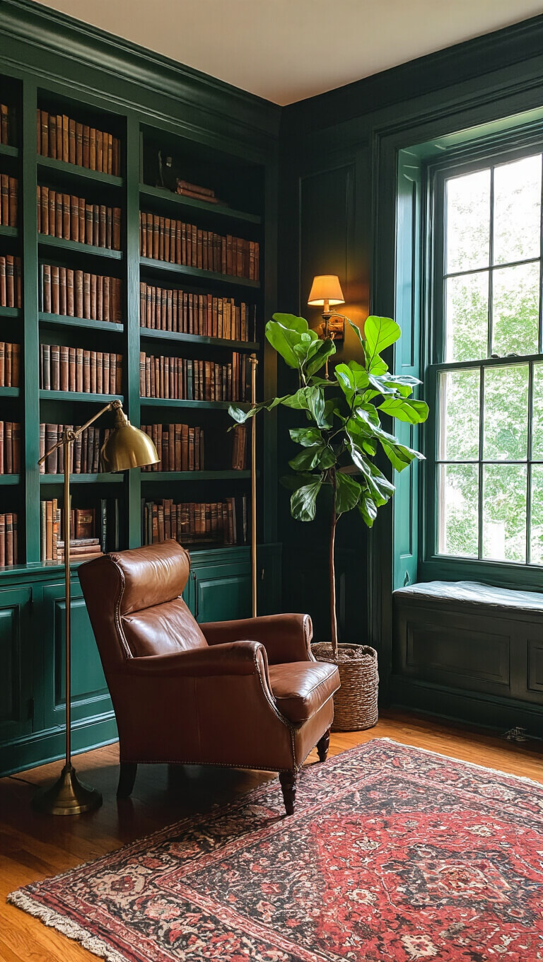Cozy Victorian library corner with emerald built-in bookshelves, vintage rugs on hardwood floors, leather chair, brass lamp, fiddle leaf fig, and warm sconce lighting.