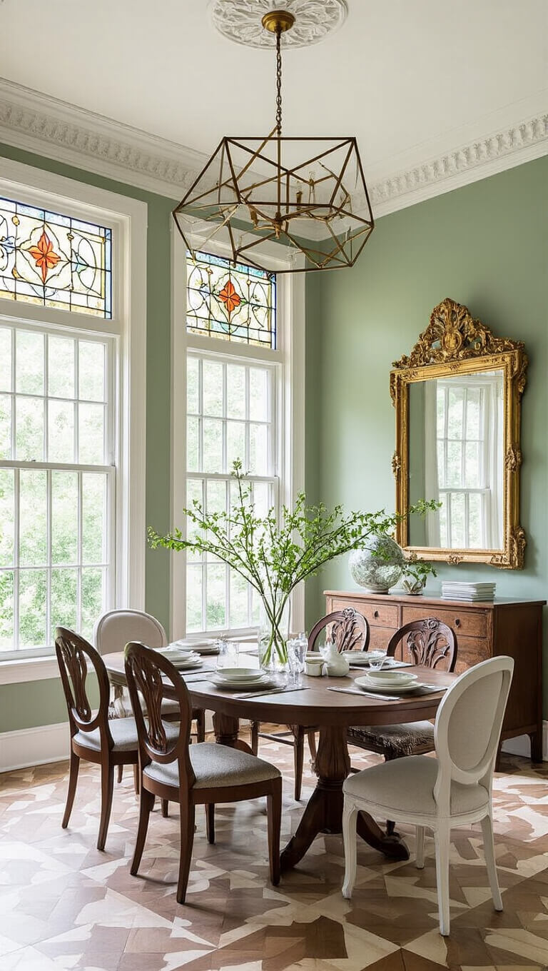 Victorian dining room with stained glass windows, tray ceiling, mixed seating, abstract art, and geometric floor seen from above.