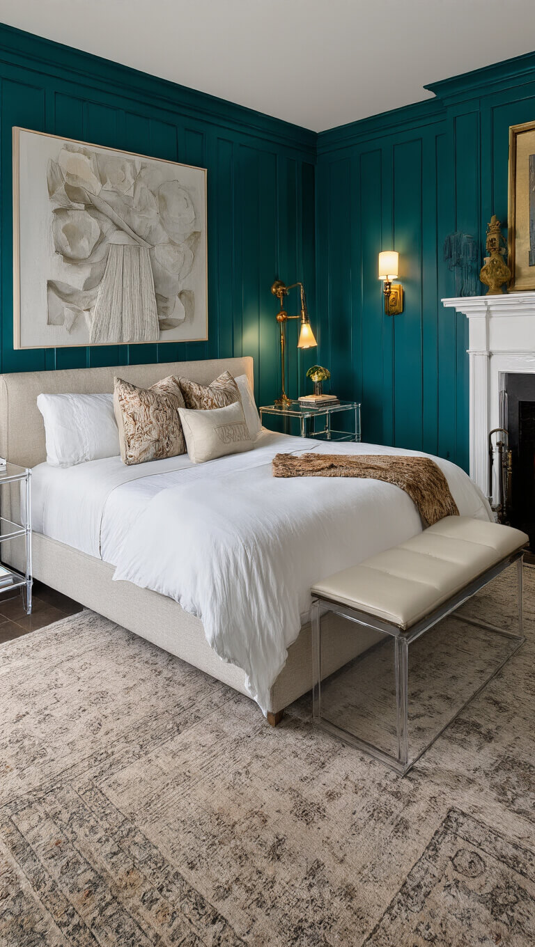 Master bedroom at twilight with teal accent wall, king-sized bed, lucite nightstands, antique brass lamps, Victorian fireplace, and modern art under ambient lighting.