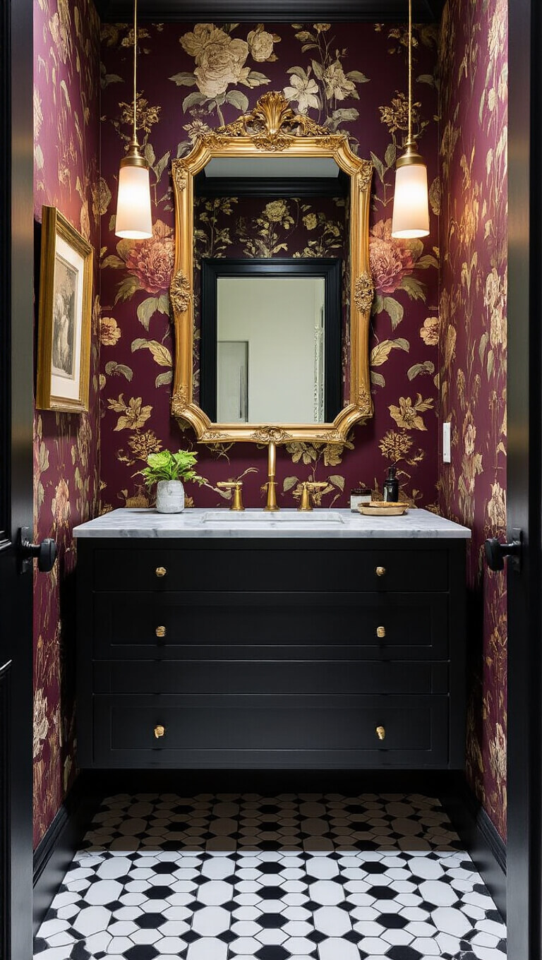 Luxe powder room with black and white Victorian hex tile, matte black floating vanity with marble top, burgundy and gold floral wallpaper, antique gold mirror, modern pendant lighting, and high-contrast photography in ornate frames.