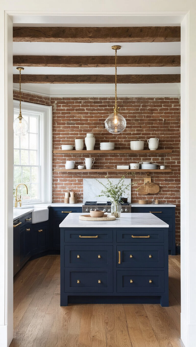 Victorian kitchen with 12-foot ceilings, exposed beams, navy Shaker cabinets, brass hardware, marble countertops, whitewashed brick wall, and modern accents viewed from dining area.