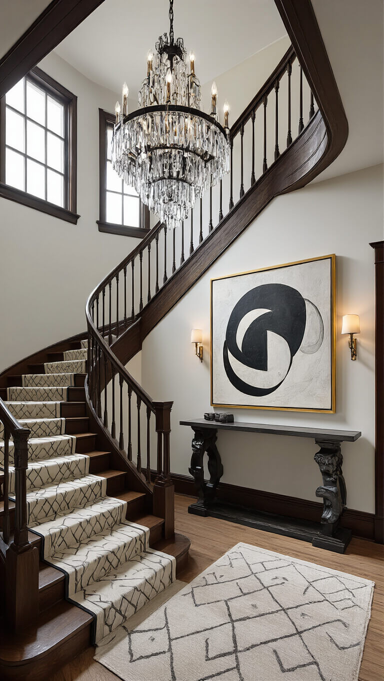 High-angle view of a Victorian staircase with geometric runner, abstract art in gilt frame, lucite and wood console table, and crystal-matte black chandelier with dramatic uplighting.