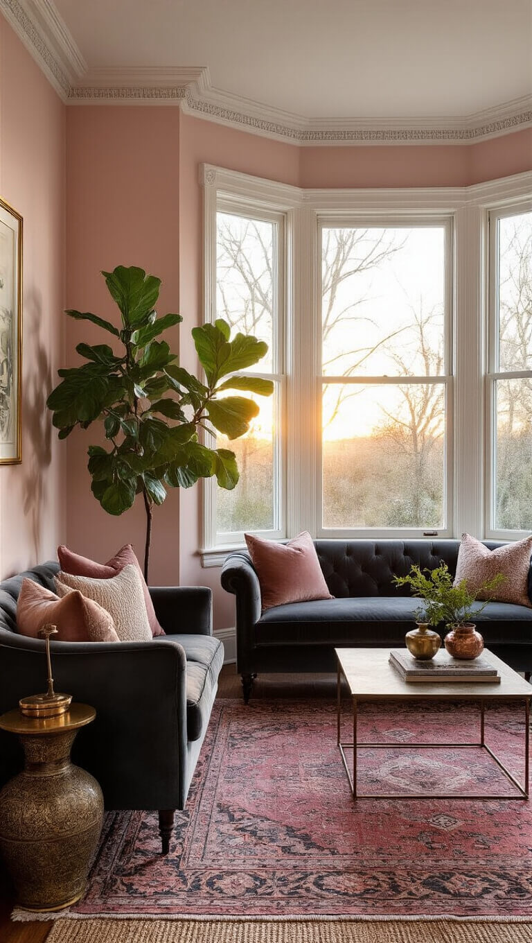 Victorian sitting room with blush pink walls, velvet charcoal settee, bay window reading nook, vintage rugs, mixed metal accents, and fiddle leaf fig in sunset glow.