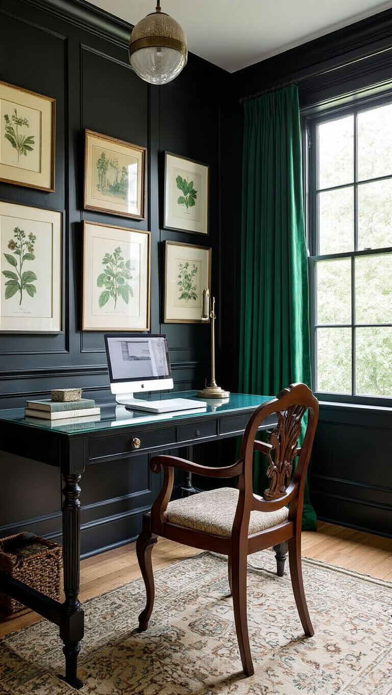 Overhead view of a modern Victorian home office with black wainscoting, glass desk, antique wood chair, gallery wall, emerald green curtains, and patterned floor.