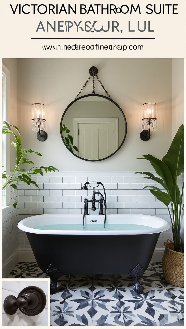Modernized Victorian bathroom with matte black clawfoot tub, geometric tile floor, vintage sconces, round mirror, and tropical plants.