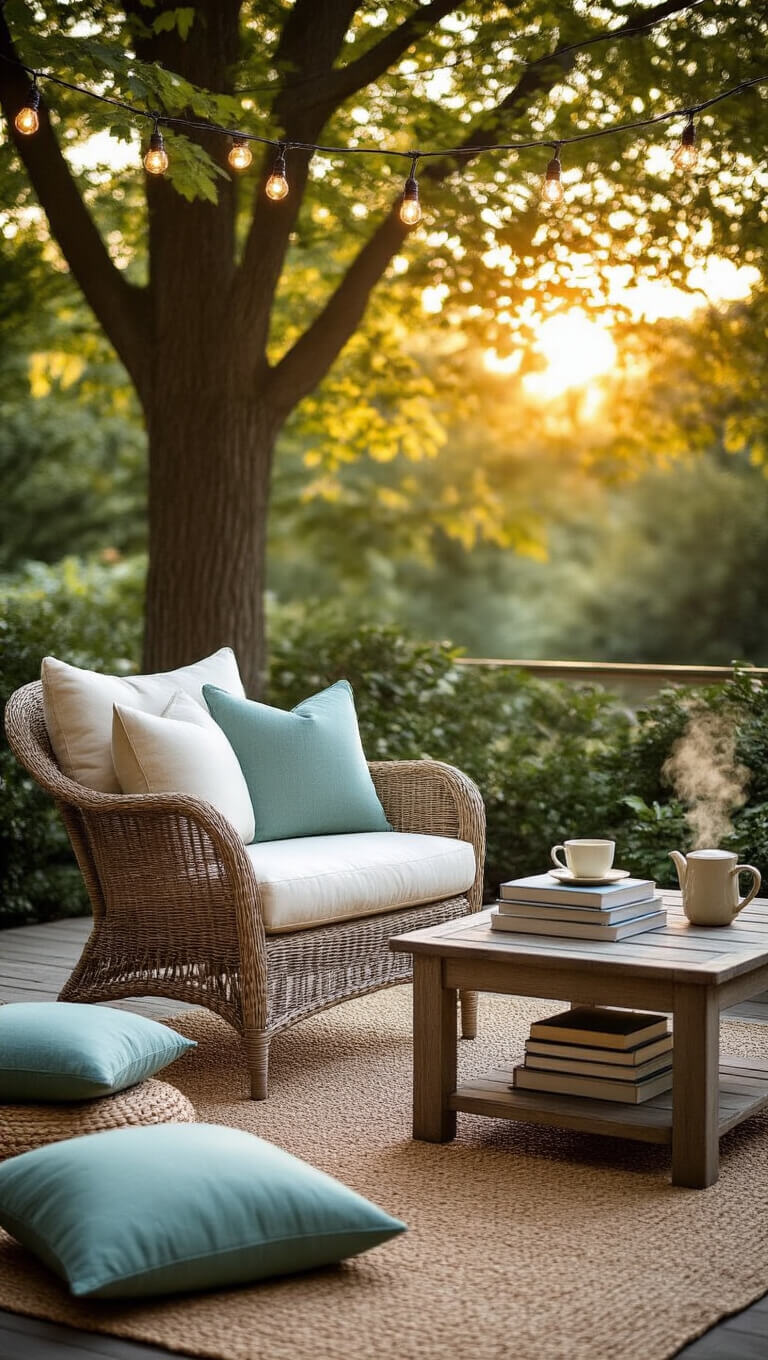 Cozy corner patio at golden hour with rattan chair, cushions, side table with books and tea, layered rugs, pillows, and overhead string lights under maple trees.
