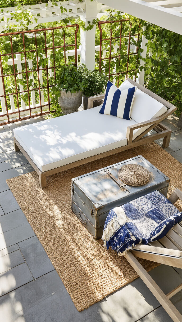 High-angle view of a sunlit 15x20ft patio featuring a teak double chaise lounge with white and navy striped cushions, vintage metal trunk coffee table, trailing ivy on copper trellises, and layered sisal and Turkish indigo rugs.
