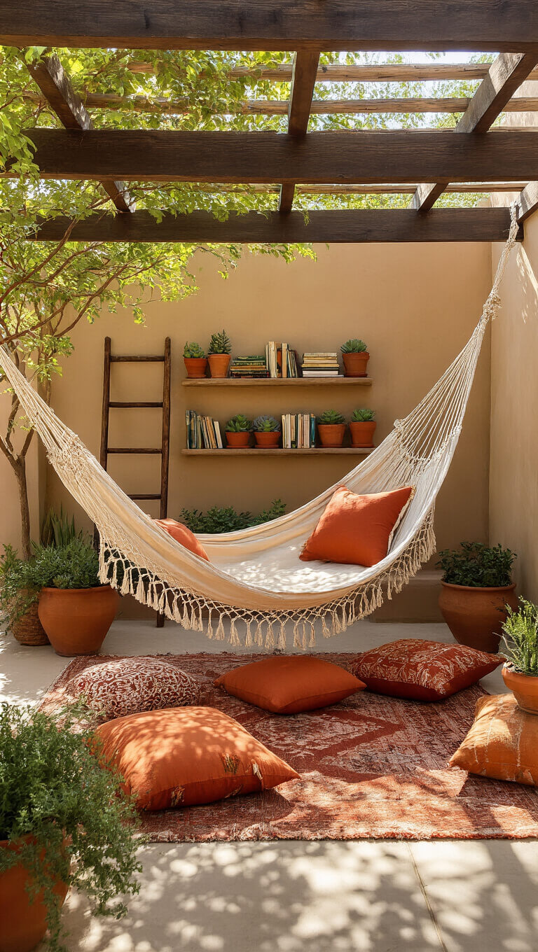 Hammock with macramé details under pergola in sunlit reading nook, surrounded by Moroccan pillows, vintage shelf with books and succulents, and terracotta pots with herbs.