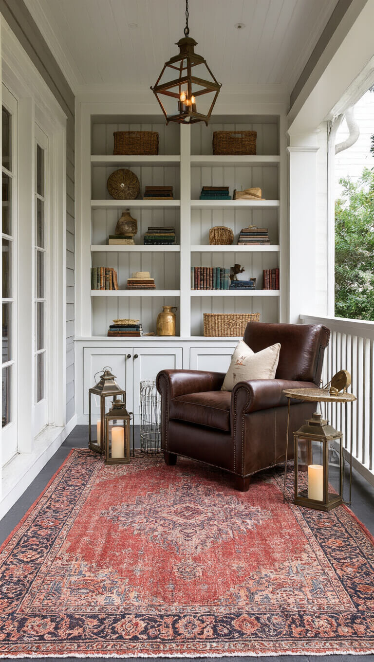 Cozy twilight patio corner with floor-to-ceiling distressed white bookshelves, oversized leather chair, brass reading lamp, vintage Persian-style rug, and hurricane lanterns with flameless candles.