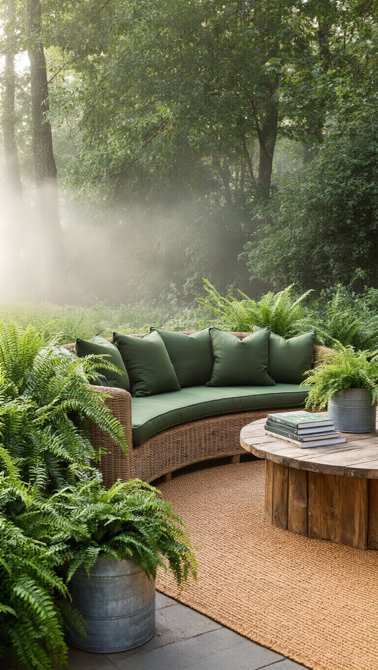 Early morning mist surrounds a 12x18ft garden reading pavilion with a curved rattan sofa featuring deep green cushions, weathered zinc planters of ferns and hostas, a reclaimed wood coffee table with botanical books, and a honey-toned natural fiber rug in an English garden setting with modern accents.