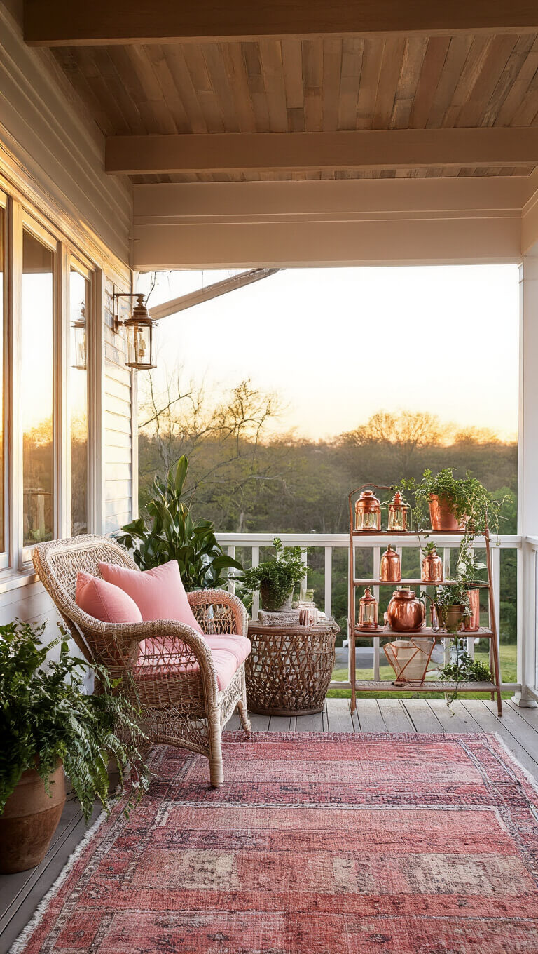 Sunset-lit covered deck with antique wicker peacock chair, blush cushions, vintage ladder shelf with copper lanterns and trailing plants, layered Kilim rugs in rose and terra cotta tones.