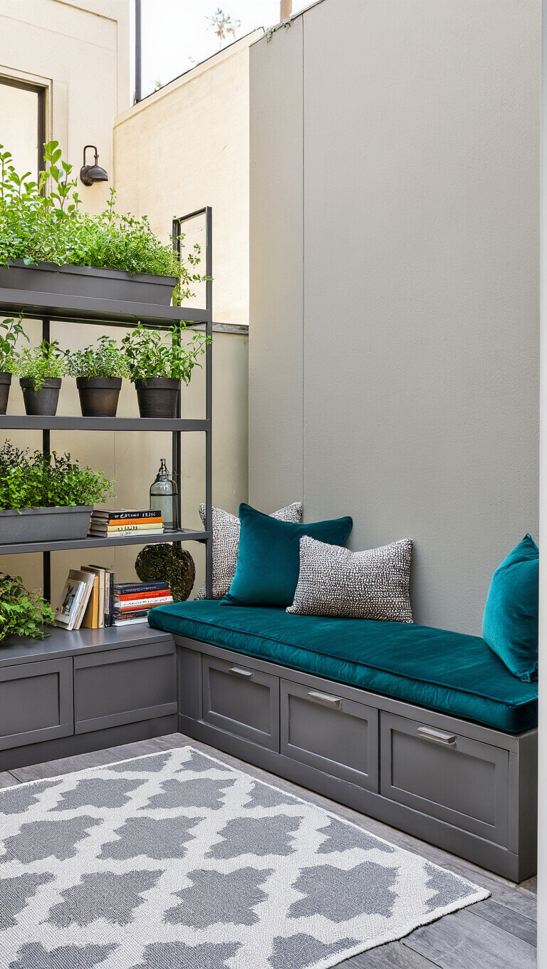 Mid-morning light over a modern courtyard corner with a built-in bench topped with deep teal velvet cushions, steel shelving holding herbs and books, and a gray and white geometric rug.