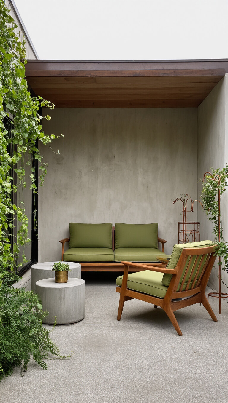 Low-angle view of midcentury modern lounge chairs with olive green cushions in a covered alcove, flanked by concrete side tables with brass accents and vintage copper plant stands holding trailing vines on an overcast day.