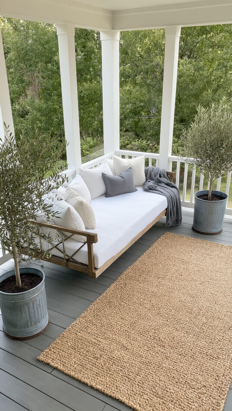 Overhead view of a sunlit wraparound porch with a suspended daybed, white linens, gray throws, olive trees in zinc planters, and a natural jute rug in a Mediterranean-modern farmhouse style.
