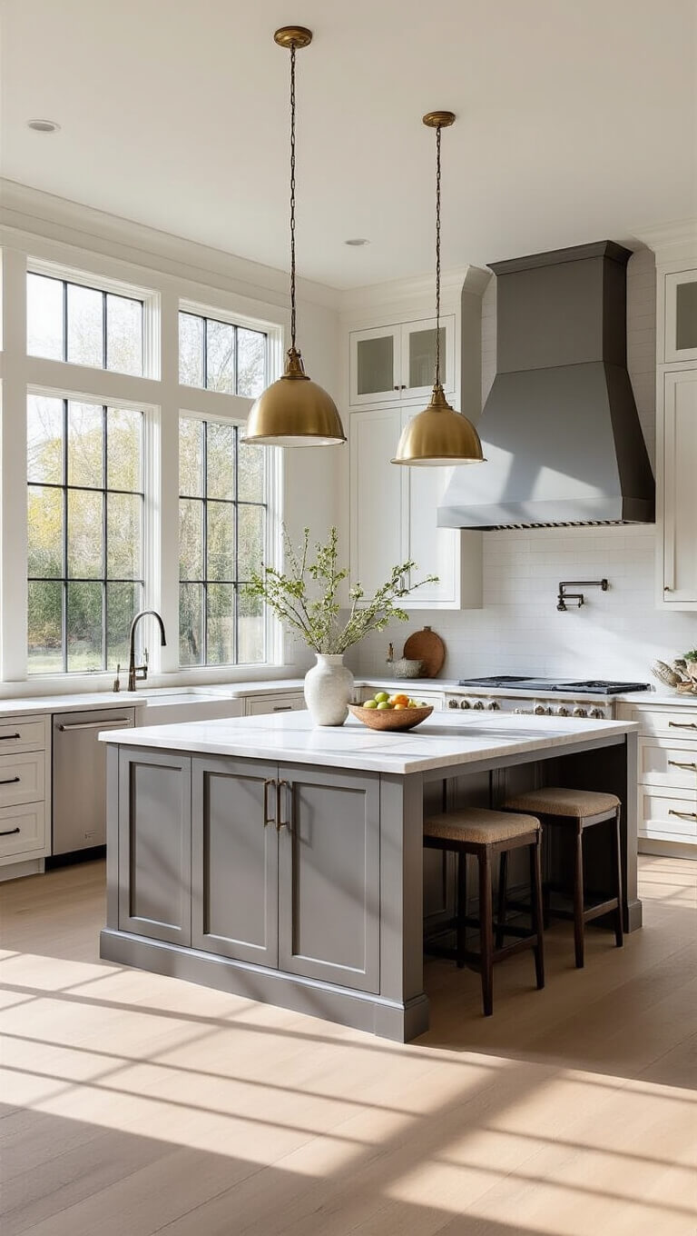 Transitional kitchen with dove gray shaker cabinets, marble island, brass pendants, and natural light from floor-to-ceiling windows.