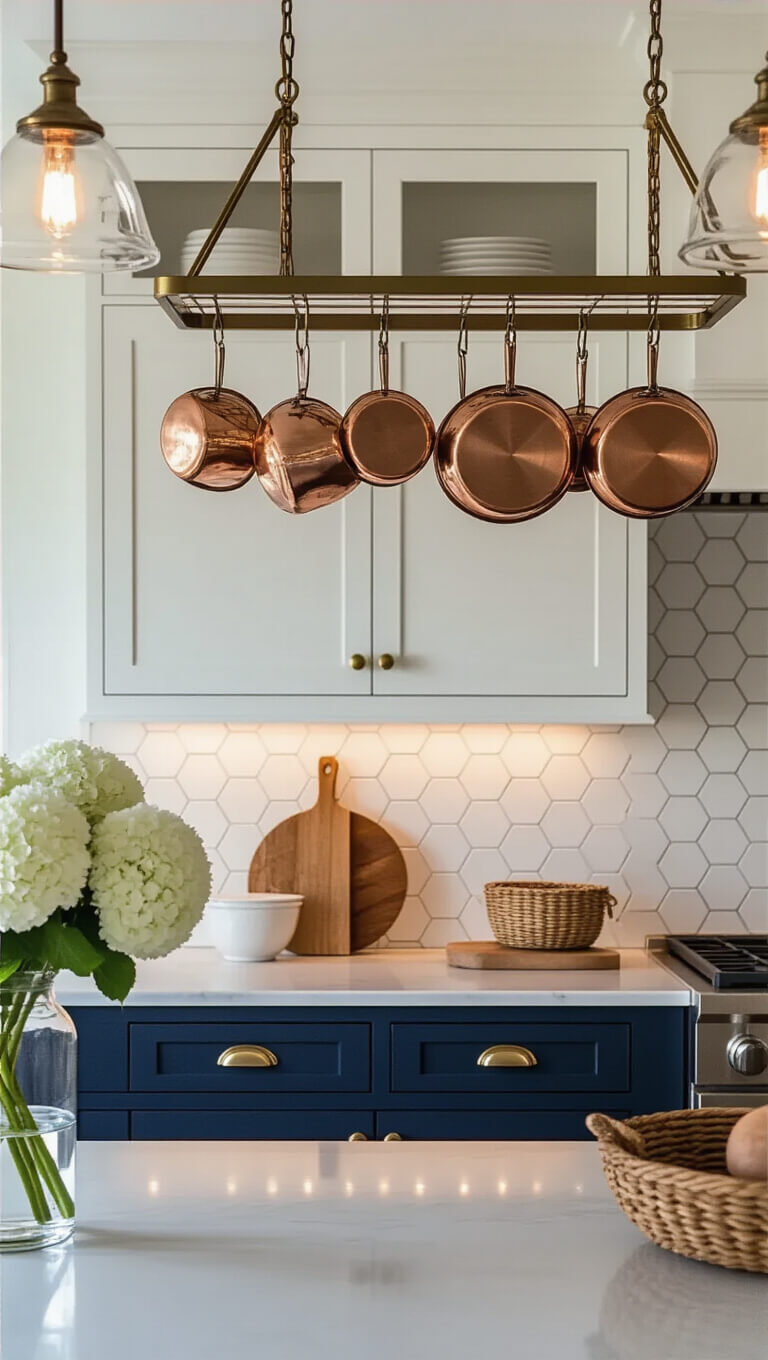 Twilight kitchen with navy and white cabinets, brass pot rack over island, copper cookware, vintage pendant lights, hex marble backsplash, and warm under-cabinet lighting.