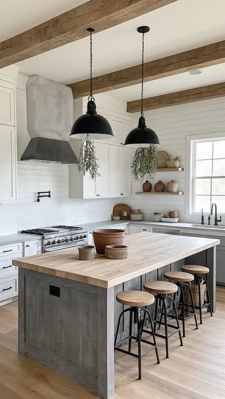 Modern farmhouse kitchen with exposed wooden beams, two-tone cabinets, concrete and oak countertops, black pendant lights, and vintage decor elements.