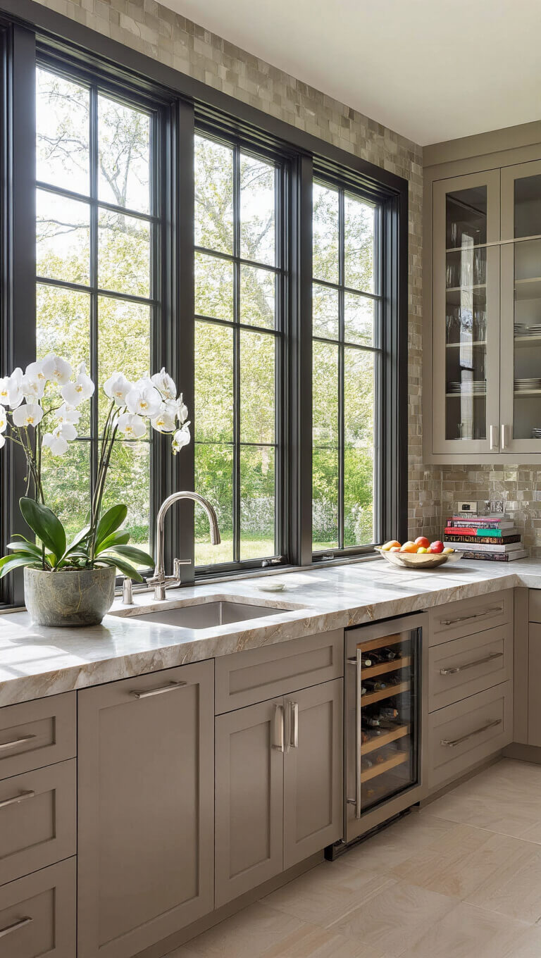 Modern 13x17ft kitchen with taupe flat-panel cabinets, quartzite countertops, metallic tile backsplash, floor-to-ceiling garden-view windows, and built-in glass wine storage.