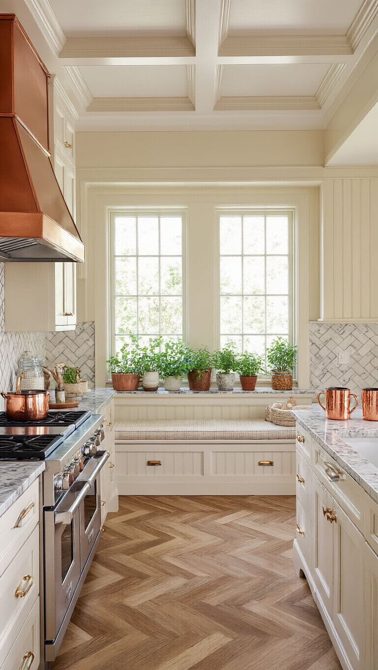 Cozy 11x14ft kitchen with cream beadboard cabinets, honed granite countertops, copper range hood, marble herringbone backsplash, and window seat with storage, warmly lit during blue hour.