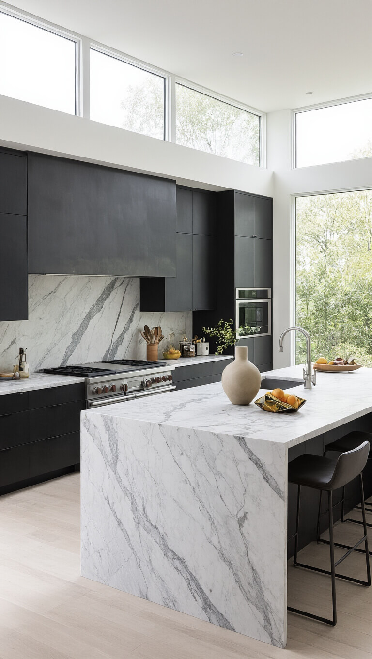 Contemporary kitchen with 12ft book-matched marble waterfall island, matte charcoal handleless cabinets, floor-to-ceiling windows, and minimalist decor.