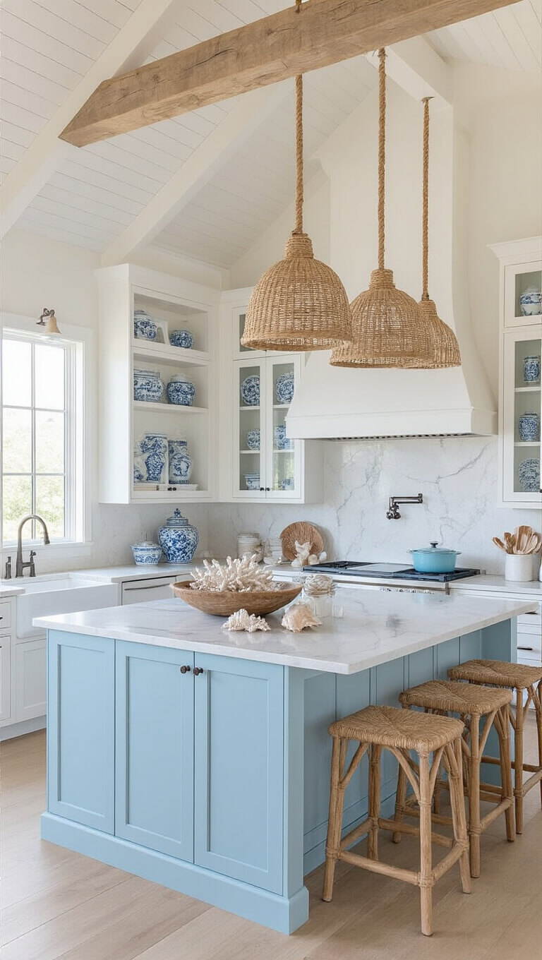 Coastal-style 14x16ft kitchen with vaulted ceiling, white shaker cabinets, sea glass quartzite counters, pale blue island seating six, and nautical decor lit by warm golden hour light.
