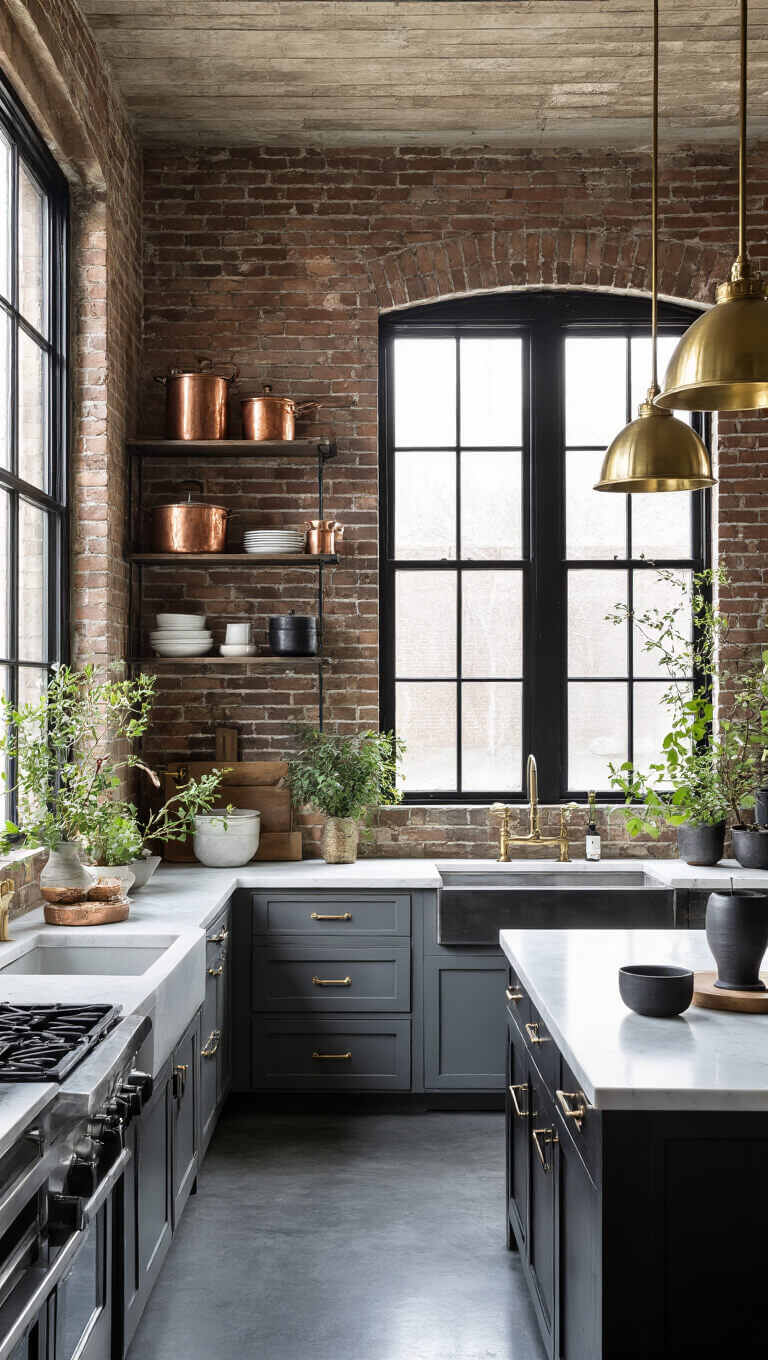 Industrial-style 16x18ft kitchen with exposed brick wall, black steel windows, white quartz countertops, brass pendant lights, dark stained concrete floors, and vintage copper and black ceramic decor.