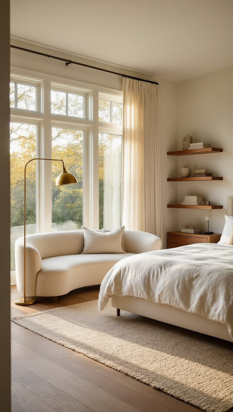 Sunlit master bedroom with king bed, cream boucle loveseat in reading nook, floor-to-ceiling windows, and warm hardwood floors at golden hour.