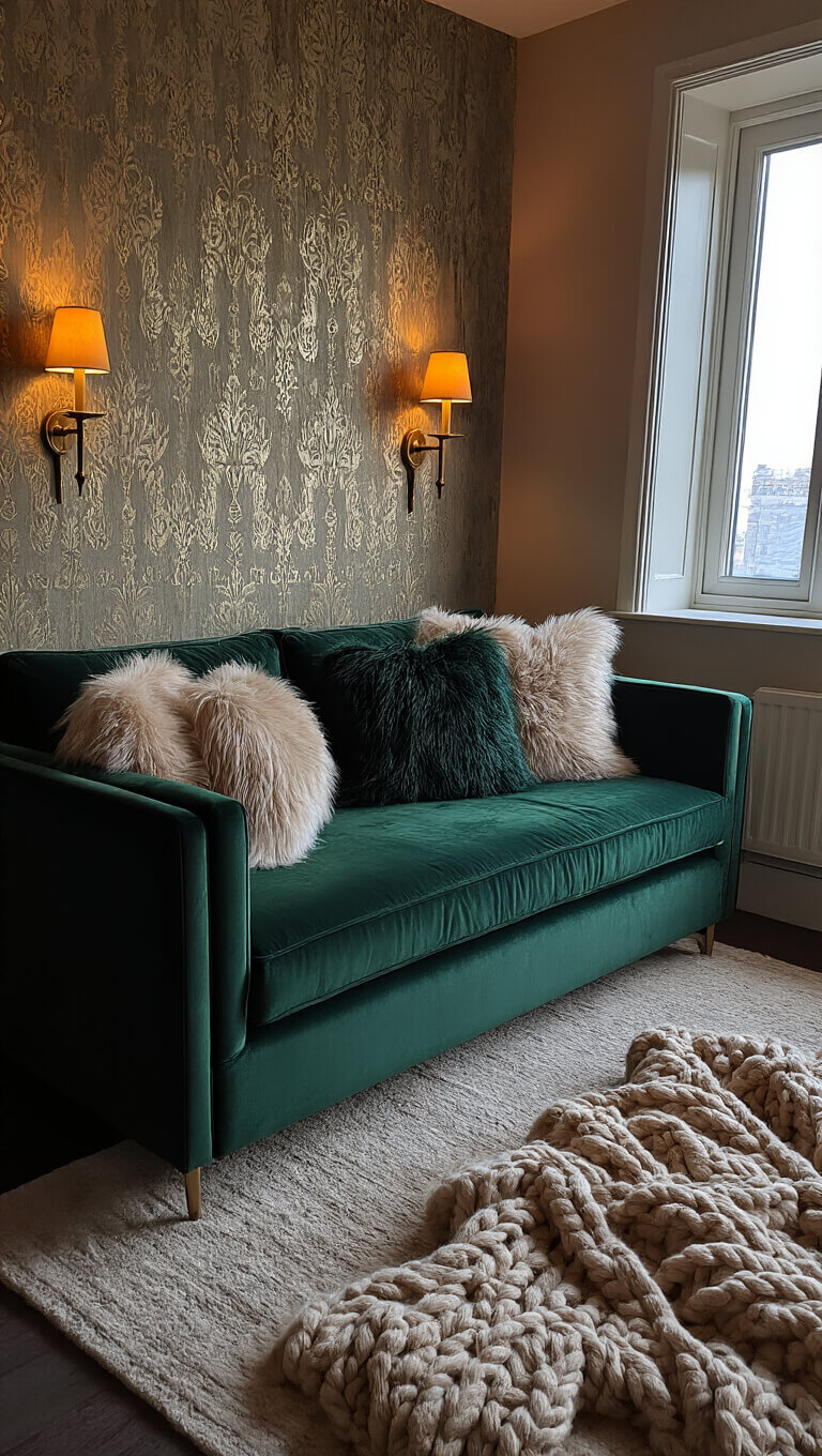 Cozy, luxurious bedroom corner with deep emerald velvet sofa, vintage brass sconces, textured wallpaper, and plush fur pillows, bathed in moody dusk lighting.