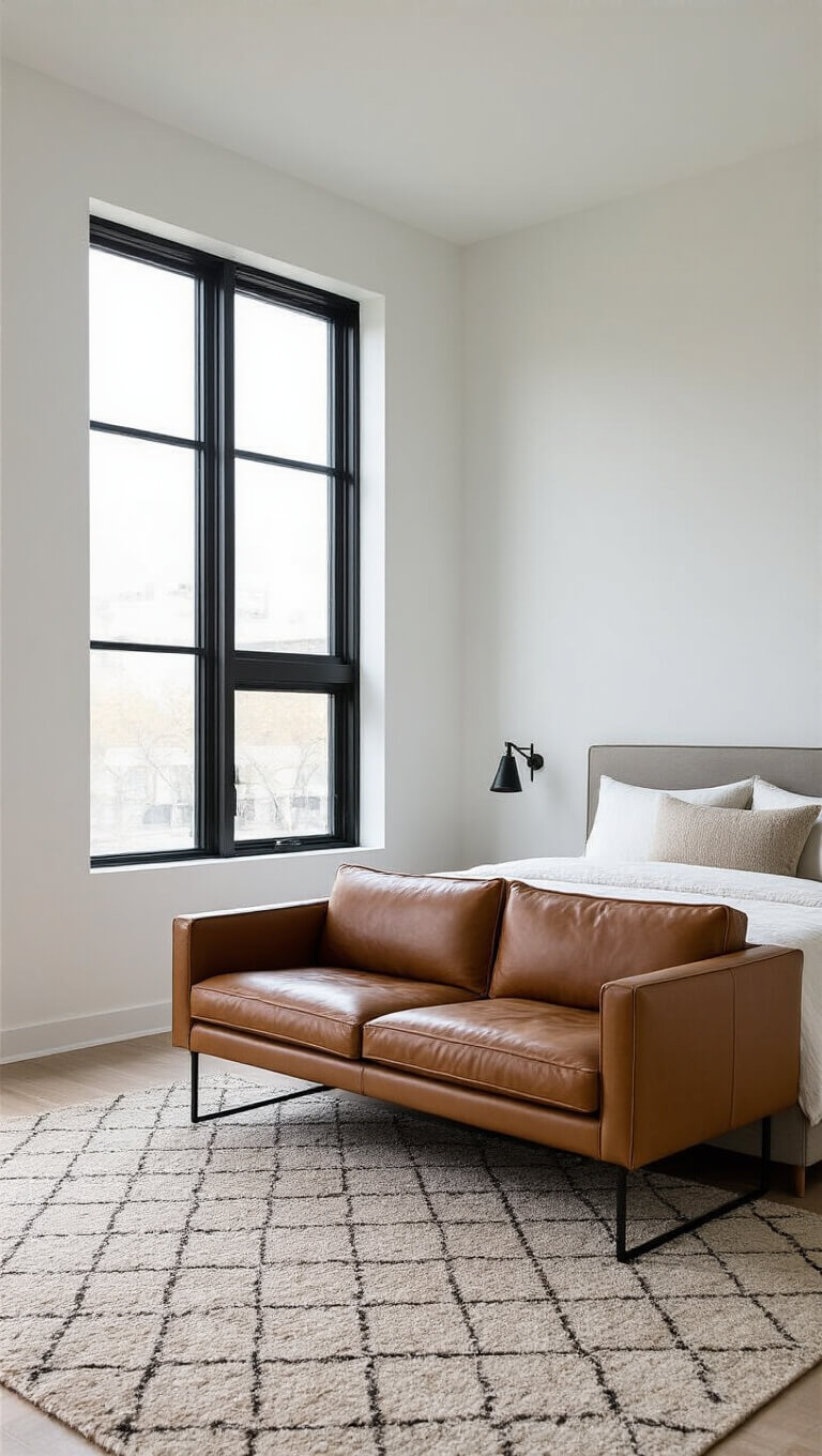 Modern minimalist 15'x20' bedroom with cognac leather loveseat at bed's foot, geometric neutral rug, black-framed windows, and white walls in bright morning light.